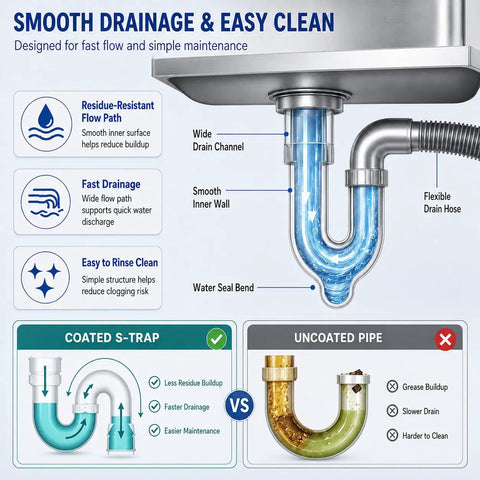 Diagram showing smooth drainage features of Workhorse Utility Sink With Built In Workbench And Hot Cold Mixer Faucet In Stainless Steel. 