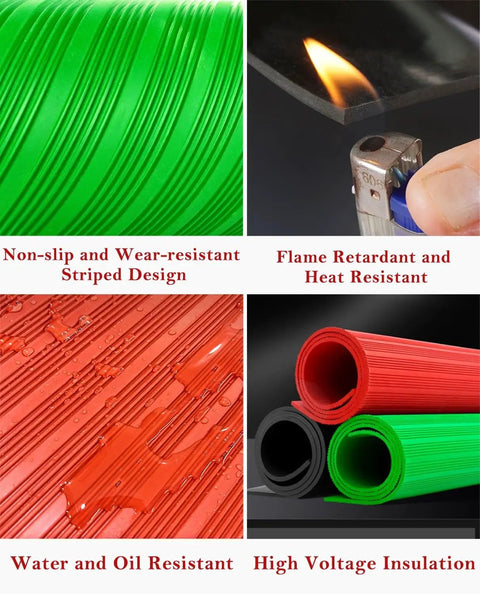 Built Tough Heavy Gauge High Voltage Insulating Rubber Mat Dielectric Non Conductive Switchboard Floor Roll Black Corrugated Anti Shock Workzone Defender, featuring green and red striped designs, flame and water resistant.