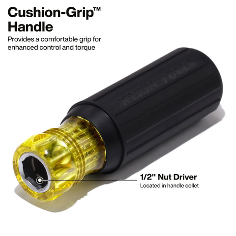 Impact Rated 11-in-1 Multi Bit Screwdriver And Nut Driver with Cushion-Grip handle and 1/2" nut driver attachment