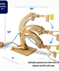 Hydraulic Robotic Arm Kit For Kids Ages 8 To 12, Wooden Building STEM Toy showing assembled wooden arm lifting and rotating.