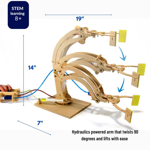 Hydraulic Robotic Arm Kit For Kids Ages 8 To 12, Wooden Building STEM Toy showing assembled wooden arm lifting and rotating.