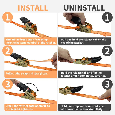 Tough As Nails Ratchet Tie Down Straps 15 Foot Long 4 Pack Heavy Duty Cargo Straps installation and uninstall instructions.