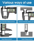 Beefy Digital Caliper Measuring Tool 0 To 6 Inch Electronic Caliper with LCD demonstrating various uses for measurements