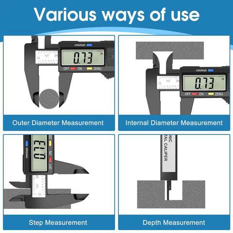 Beefy Digital Caliper Measuring Tool 0 To 6 Inch Electronic Caliper with LCD demonstrating various uses for measurements