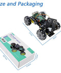 Freenove Mecanum Wheel Car Kit for Raspberry Pi with four mecanum wheels and camera; shown with its packaging box.