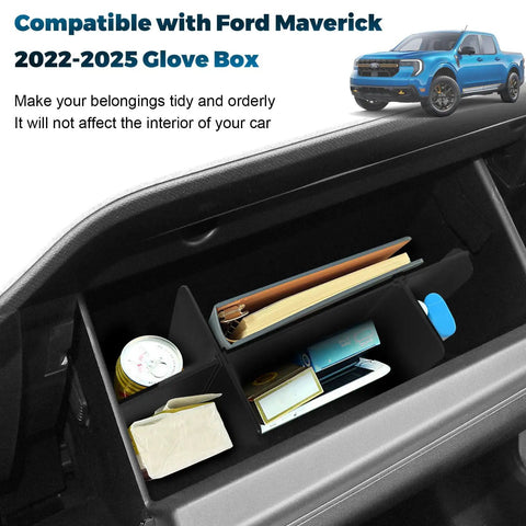 Glove Box Organizer For Ford Maverick 2022 2023 2024 2025 2026 with five compartments holding various items
