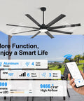 Beefy 72 Inch Ceiling Fan with Light, industrial style, 8 aluminum blades, patio setting, smart control app, indoor outdoor black