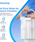 Person holding Waterdrop Electric Water Filter Pitcher With Rechargeable Instant Dispenser, Fifteen Cup Capacity, White