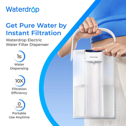 Person holding Waterdrop Electric Water Filter Pitcher With Rechargeable Instant Dispenser, Fifteen Cup Capacity, White