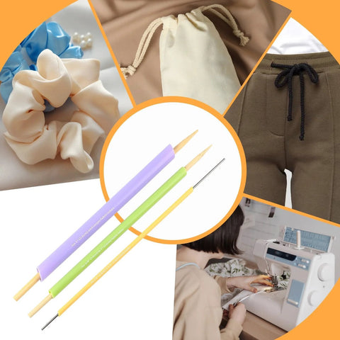 Close-up of 10-piece tube Turner sewing tool set with pastel purple, green, and yellow handles and pointed tips.