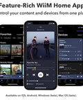 Three smartphones displaying the WiiM Home App interface for controlling AirPlay 2 Wireless Audio Streamer for Multiroom Stereo and TV Audio Preamplifier Turns Your Home Stereo Into a Smart Speaker Works With Alexa and Siri Streams Hi Res From Amazon Music Tidal and More