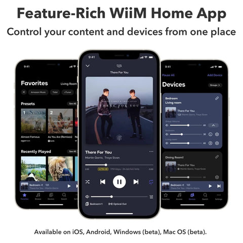 Three smartphones displaying the WiiM Home App interface for controlling AirPlay 2 Wireless Audio Streamer for Multiroom Stereo and TV Audio Preamplifier Turns Your Home Stereo Into a Smart Speaker Works With Alexa and Siri Streams Hi Res From Amazon Music Tidal and More