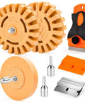 Eraser Wheel Decal Remover Tool Kit with 3 upgraded rubber wheels, razor blade scrapers, and drill adapters for cars and trucks