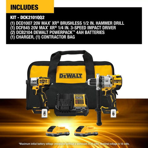 Killer 20V Max Brushless Hammer Drill And Impact Driver Combo Kit With Dual Powerpack Batteries, includes tools and contractor bag.