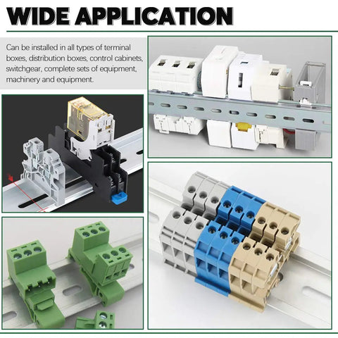 15 Pieces Slotted Aluminum DIN Rails, 4 Inch Long, 35mm Wide, 7.5mm High, mounted with electrical components
