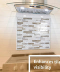 Peel And Stick White Molding Trim For Walls And Borders Flexible Self Adhesive Edging For Window Frames And Backsplash Tiles 30 Ft Roll Heat And Water Resistant used around a tiled kitchen backsplash under a stove hood.