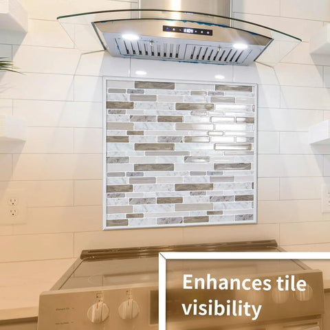 Peel And Stick White Molding Trim For Walls And Borders Flexible Self Adhesive Edging For Window Frames And Backsplash Tiles 30 Ft Roll Heat And Water Resistant used around a tiled kitchen backsplash under a stove hood.