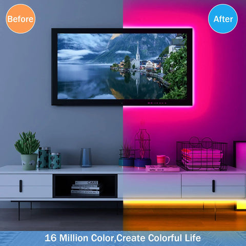 Room with Ultra Long 130ft Bluetooth RGB LED Strip Lights illuminating wall and cabinet, showcasing before and after vibrant colors.