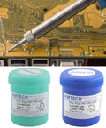 Leadfree Solder Paste And Advanced Oil Grease for Chip and PCB Repair 100g, blue and green containers, on PCB board background.