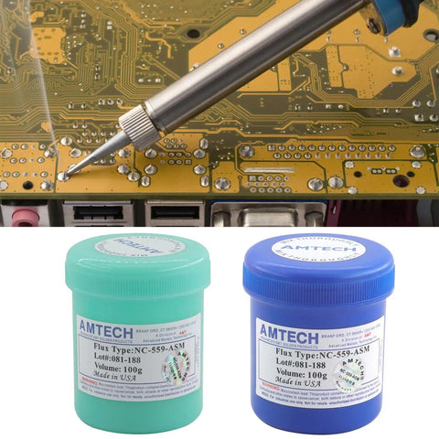 Leadfree Solder Paste And Advanced Oil Grease for Chip and PCB Repair 100g, blue and green containers, on PCB board background.