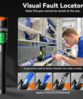 Visual Fault Locator handheld fiber tester with black body, orange tip and green switch; supports SC/LC/FC/ST adapters