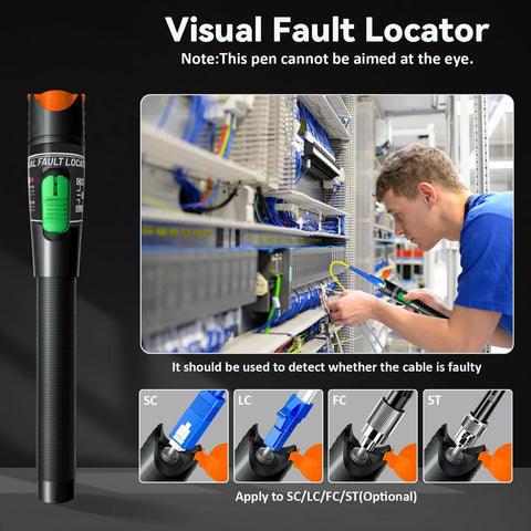 Visual Fault Locator handheld fiber tester with black body, orange tip and green switch; supports SC/LC/FC/ST adapters
