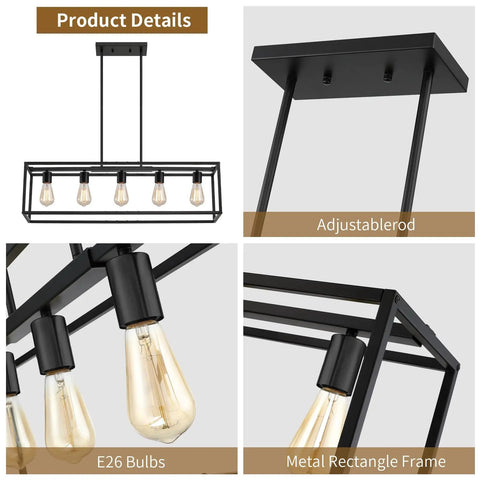 Top Shelf Black Five Light Linear Chandelier Featuring A Killer Geometric Metal Frame And Adjustable Hanging Rods for kitchen with E26 bulbs.