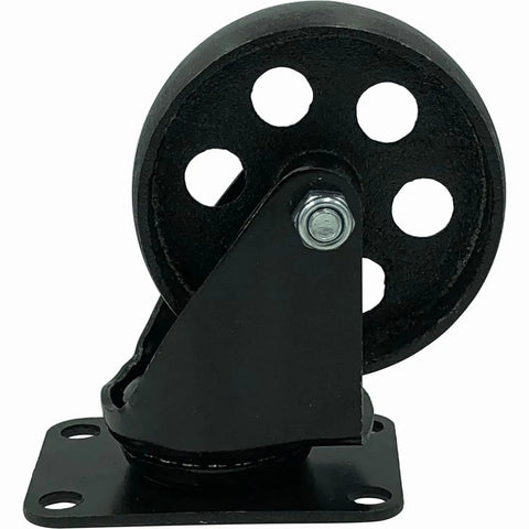 3.5 Inch Black Cast Iron Swivel Caster Wheel Set Of 4 No Brake Rock Solid Heavy Duty Industrial Cart Plate No Nonsense Beefy Steel Frame Workhorse side view showing wheel and mounting plate