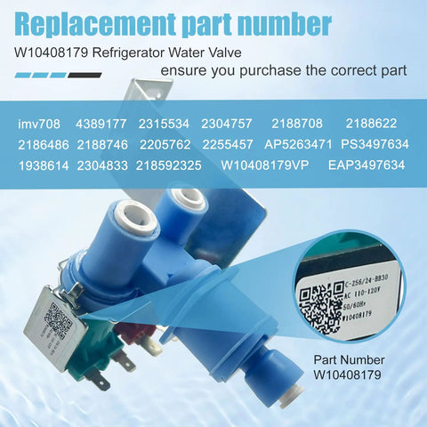 Beefed Up W10408179 Refrigerator Water Inlet Valve Replacement With 3 Water Lines One Inlet And Two Outlets For Whirlpool Kenmore Maytag Amana KitchenAid Ikea Refrigerators, blue plastic