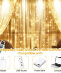 Upgraded Tangle-Free Warm White USB Curtain Lights With 200 LEDs, 6.6Ft By 6.6Ft Window String, Remote Included, glowing on curtains