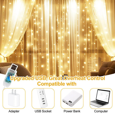 Upgraded Tangle-Free Warm White USB Curtain Lights With 200 LEDs, 6.6Ft By 6.6Ft Window String, Remote Included, glowing on curtains