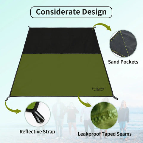 Pocket Sized Picnic Blanket Waterproof And Sandproof Beach Mat For Festivals Hiking Travel And Outdoor Adventures In Army Green 28 By 47 Inches Folds Down To A Tiny 3 By 4 Inches And Easily Fits In Your Pack showing sand pockets, reflective strap, and leakproof taped seams.