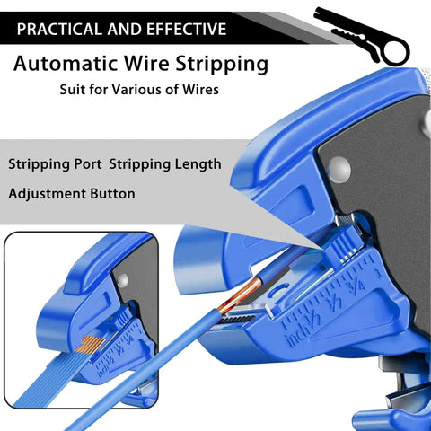 Close-up of 2-In-1 Automatic Wire Stripper And Cutter For Electronics And Automotive Repair With Eagle Nose Pliers In Blue
