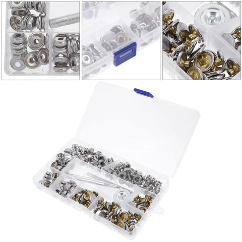 Real Deal Canvas Tarp Snap Kit Featuring Rust Resistant Marine Fasteners With 10 MM And 15 MM Screw Snap Buttons and storage box.