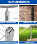 Multi-application uses of 40 Pack Swageless Invisible Cable Railing Kit Hardware for One Eighth Inch Wire Rope and Hollow Metal Posts Fixed End Fittings CB17 Stainless Steel Easy Install Hardware Included shown on corner, wall, and stair post solutions.