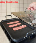 Double Burner Griddle Pan With Glass Lid For Gas And Electric Stovetops, Nonstick Aluminum Flat Grill Pan 17 Inch By 10.5 Inch shown with bacon cooking