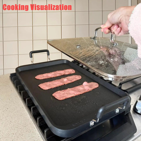 Double Burner Griddle Pan With Glass Lid For Gas And Electric Stovetops, Nonstick Aluminum Flat Grill Pan 17 Inch By 10.5 Inch shown with bacon cooking