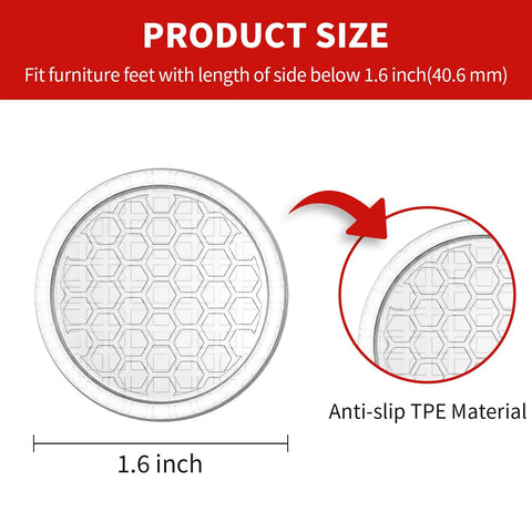 Diagram showing No Slip Furniture Pads 1.6 inch round rubber anti-slip caster cups with hexagonal design and TPE material detail.