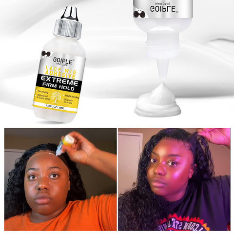 Waterproof Lace Front Wig Glue For A Strong Clear Bond That Delivers Invisible Hold On Hair Replacement For A Natural Look Water Based Adhesive 1.28 Fl Oz bottle and application process on model's forehead.