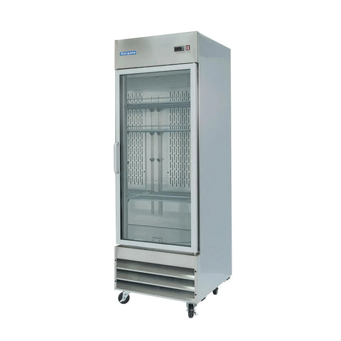 Built Different Heavy Duty Commercial Single Glass Door Refrigerator featuring 23 cubic feet of legit cold storage capacity, stainless steel finish.