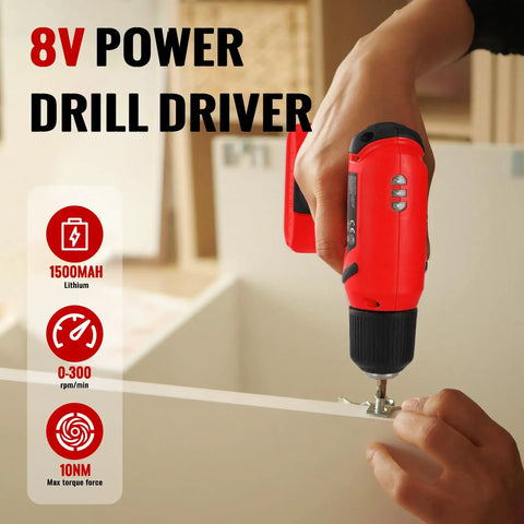 Hand using Grab And Go 101 Piece 8V Cordless Drill Set With USB C Recharge Brushless Motor Fast Charge for drilling