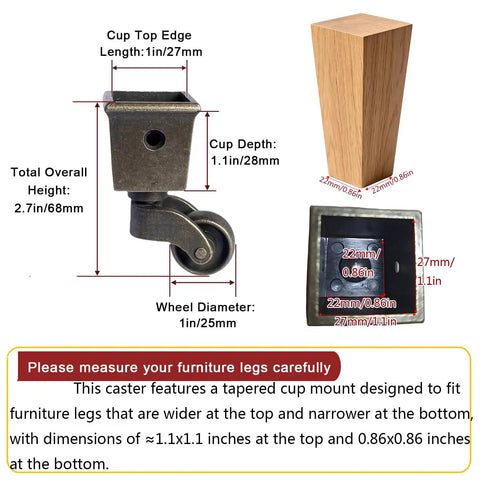 Set Of Four Antique Polished Square Tapered Cup Casters With Ultra Slick Rolling One Inch Wheels For Easy Furniture Hauling And Nifty Home Improvement Projects measurement and design details