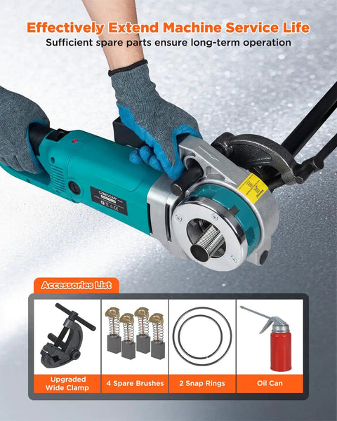 Upgraded 2300W Electric Pipe Threader With Pure Copper Motor And Aluminum Alloy Head shown with upgraded clamp, spare brushes, and oil can.