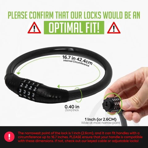 Diagram showing 4 Digit Combo Fridge Lock dimensions with dial and cable, highlighting optimal fit for French door refrigerators.