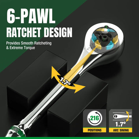 1/4 Inch Drive Ratchet Handle With 216-Position 6-Pawl Quick Release And Crv Steel Construction For Tight Spots Offering Hella Smooth Action And Pro-Level Torque Strength Plus A Slim Body That Sneaks Into Tight Corners Like A Champ