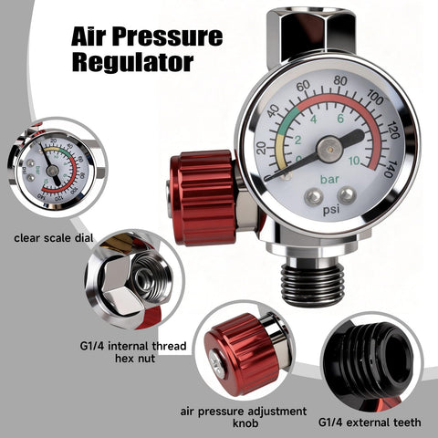 G1 Quarter Inch Air Pressure Regulator Kit With Gauge 0 To 140 PSI Adjustable Flow Control Valve close-up on gauge and knobs.