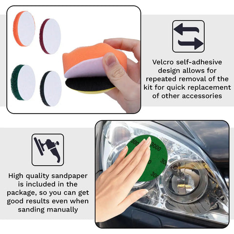 All In One Car Headlight Restoration Kit For Any Vehicle Includes 38 Piece Polishing And Cleaning Set With 3 Inch Discs Sanding Pads