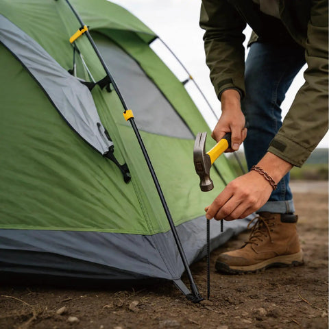 Person securing tent with 16 Pack 12 Inch J Hook Ground Stakes Heavy Duty Steel Anchors For Tents Fences Trampolines And Outdoor Decor Windproof
