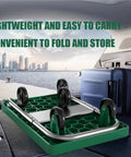 Beefy Folding Platform Cart Dolly For Moving Heavy Loads, Heavy Duty Hand Truck With Silent Wheels, Non Slip, Double Bearing Design, Easy Fold, Compact For Warehouse, Garage, And Home Use, Black folded green dolly with suitcase on car trunk