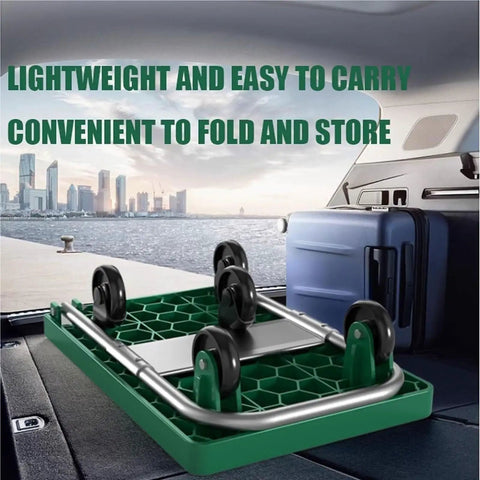 Beefy Folding Platform Cart Dolly For Moving Heavy Loads, Heavy Duty Hand Truck With Silent Wheels, Non Slip, Double Bearing Design, Easy Fold, Compact For Warehouse, Garage, And Home Use, Black folded green dolly with suitcase on car trunk